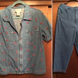 Quacker Factory Top and Capris set with embroidery Cherries and Crystals Large